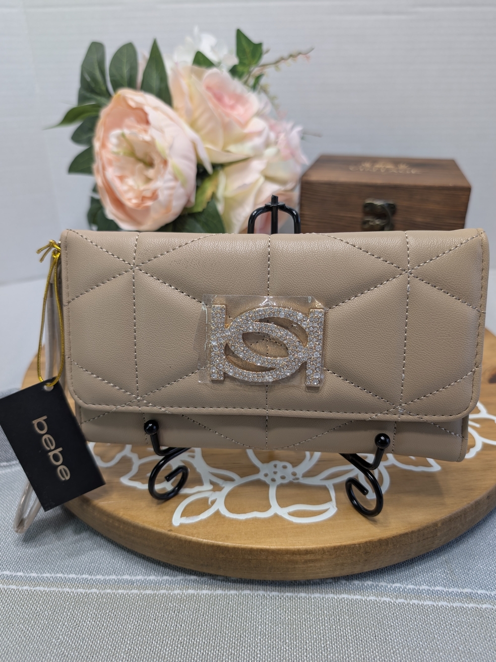 bebe Quilted Beige Zaza Bling Trifold Wristlet